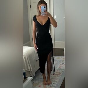 Zara Black Ribbed Fringe Midi
